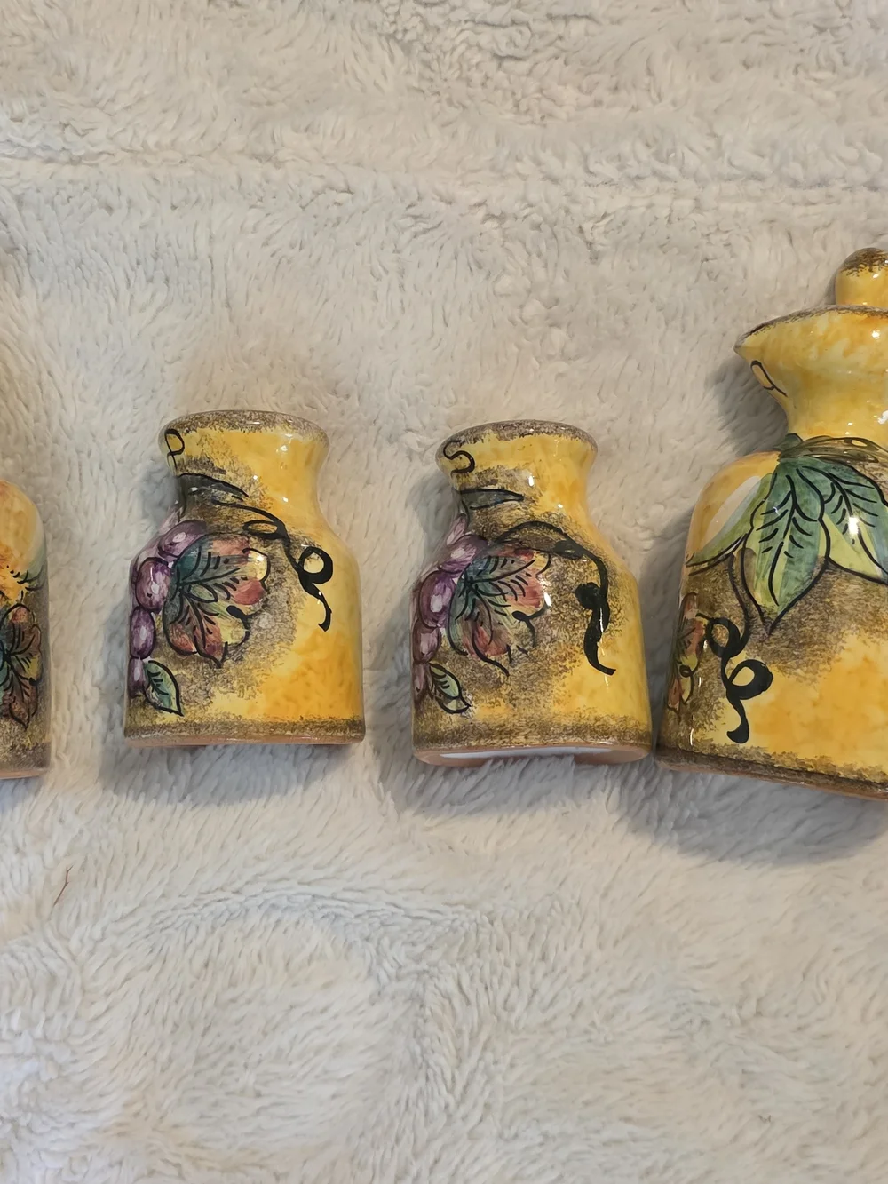 vintage italian majolica pottery condiments set Hand Painted with Holder